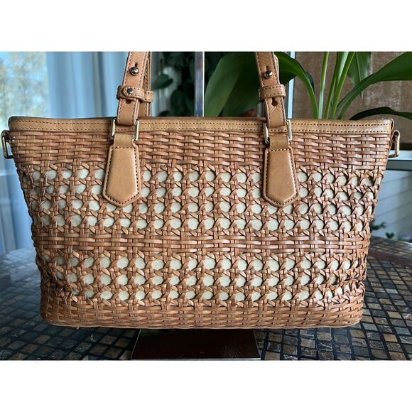 Brahmin Asher Tan Nantucket Basket Pattern Satchel Tote RARE Size - Picture 4 of 9